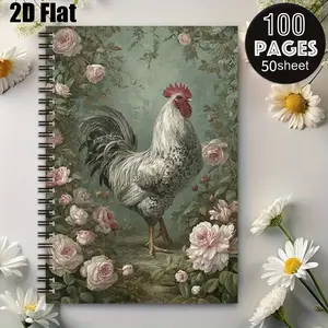 1 Spiral Coil Notebook 5.7x8.26 inch, Vintage Rooster & Roses Design, Durable Binding, Daily Journal for Home Office, Travel Diary for Trips, Perfect Gift for Back to School, Thanksgiving, Christmas, Stationery Lovers [2D] Flat