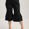 BLOOMCHIC Women's Plus Size Y2K High-Waisted Mid-Rise Flare Bell Bottom Pants with Pockets, Ruffle Hem Stretch Black Casual Comfy Trousers, Fall Outfit Clothes [M-6X] Chic Curve Pants