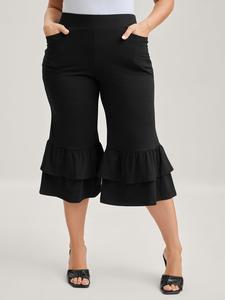 【Y2K】【Pocket Approved】BLOOMCHIC Plus Size Black Layered Ruffled Flare Hem Pants Women's Bodycon Fit Crop Bottoms with Slanted Pockets,2026 Summer Vibes Swimweek,Spotlight,Summer wins,Deals for you days Casual Comfy Trousers Casual Stretch Waist