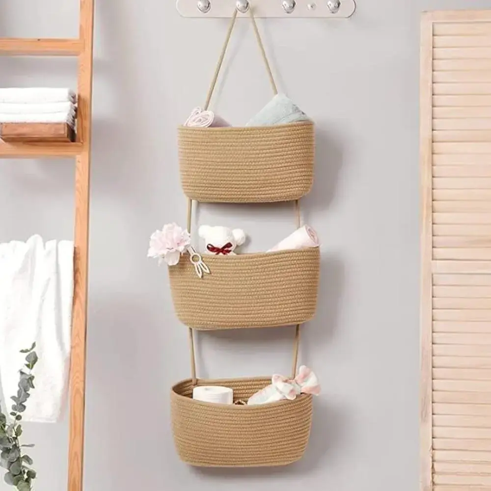 3-tier door-back storage rack, storage room organization and storage, natural wood-colored hanging basket for wall-mounted clothes and socks, doll hanger, a must-have for home, kitchen, bedroom, and bathroom
