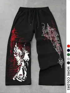 Men's Casual Sporty Long Pants, Angel & Cross Print Drawstring Wide Leg Joggers, Jogging Pants, All Season Loose Fit Men's Clothing