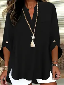 Elegant Long Sleeve Top for Women, Blouse, V-Neck Button Design, Loose Fit Office Wear, High-Quality Fabric, Summer Fashion, Commuter Style