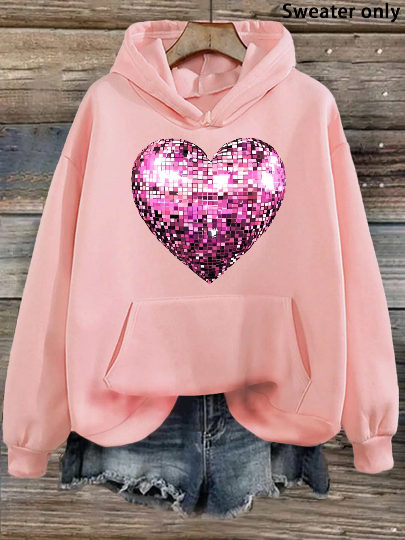 Shiny Heart Drawstring Hoodie, Sequins, Fitted Casual Style, Fall & Winter Fashion, Sweet Cool Girl Look