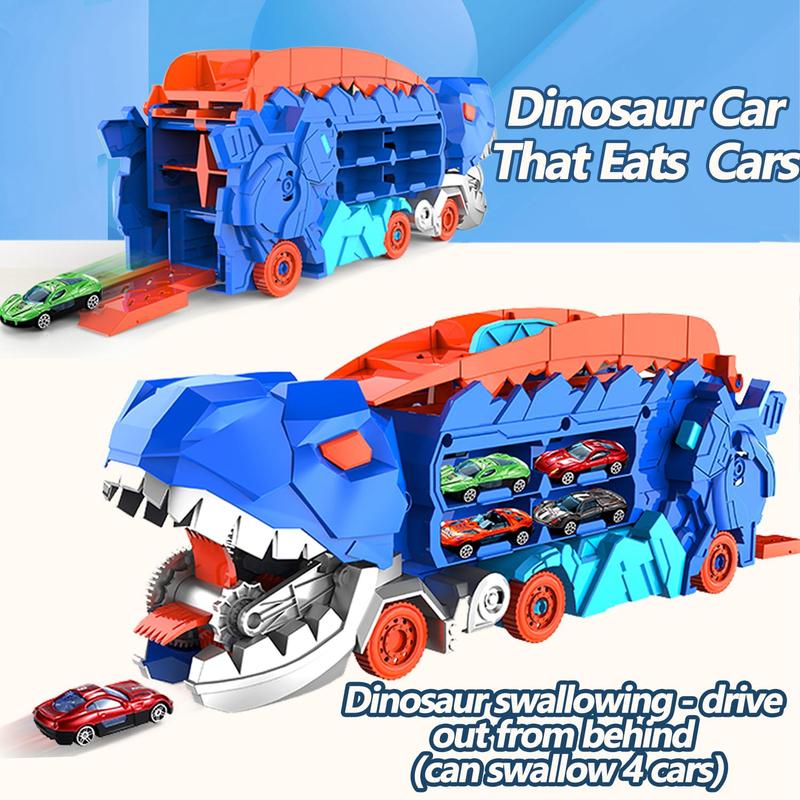 City Dinosaur Ultimate Hauler Track Toy, Transforms into Stomping Dinosaur with Race Track Ultimate Transporter Hauler Toddler Toys Gifts for Kids Ages 3 4 5 6 Years Old(4 Cars)