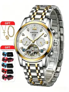 4-piece set of men's silver diamond-encrusted steel band hollowed-out gear automatic mechanical stainless steel watch necklace bracelet ring