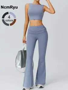 Women's Patchwork High Elastic Soft Naked Sense Square Hollow-out Beautiful Back Bra Stacked Waist Trousers Yoga Clothes suit Outdoor Running Cycling Climbing Walking Fashion Bra Flared Pants Gym sports training Joker suit Sweatsuit Set