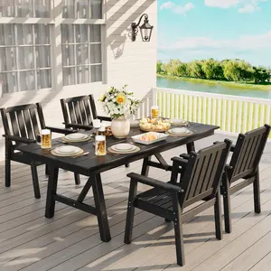 66.9" Outdoor Dining Table for 4-6, Heavy Duty HDPE Garden Table with Umbrella Hole, Sturdy Aluminum Triangular Frame, Weatherproof Large Patio Table for Backyard, Poolside and Deck, Black