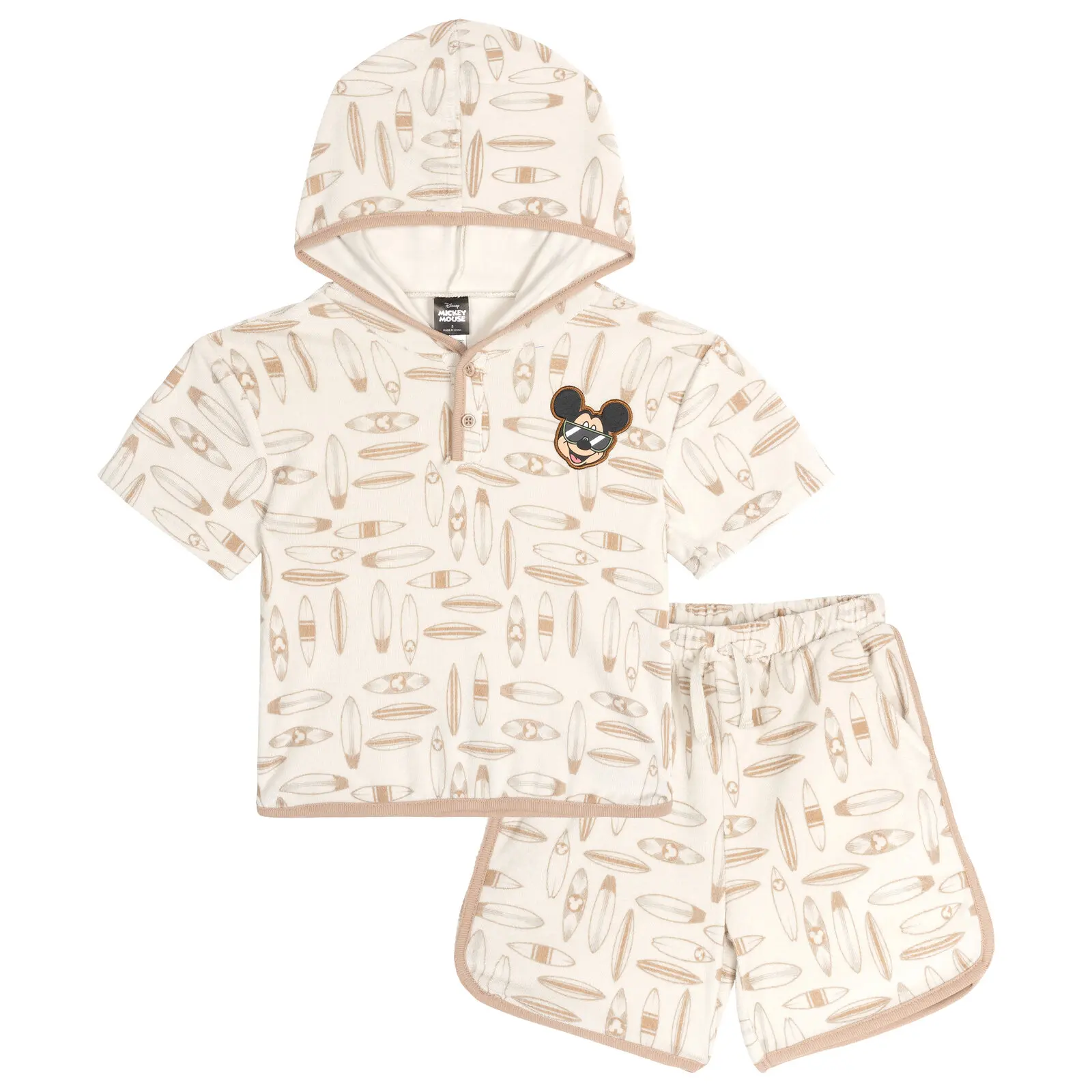 Disney Baby Boys' Retro Mickey Mouse Terry Cloth 2-Piece Hoodie + Shorts Set - Hooded Pullover, All-Over Surfboard Print Elastic Waist Button Shorts, Characters Design, Fits 0-3 Months, 12m-24m