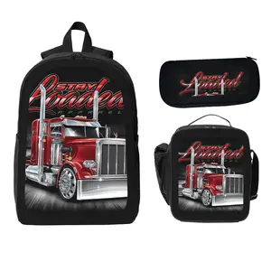 Stay Loaded Trucker Style 3-in-1 Backpack Set - Red Semi-Truck Themed Backpack with Lunch Box & Pencil Case, Cool Design for Truck Enthusiasts, Versatile for School & Work