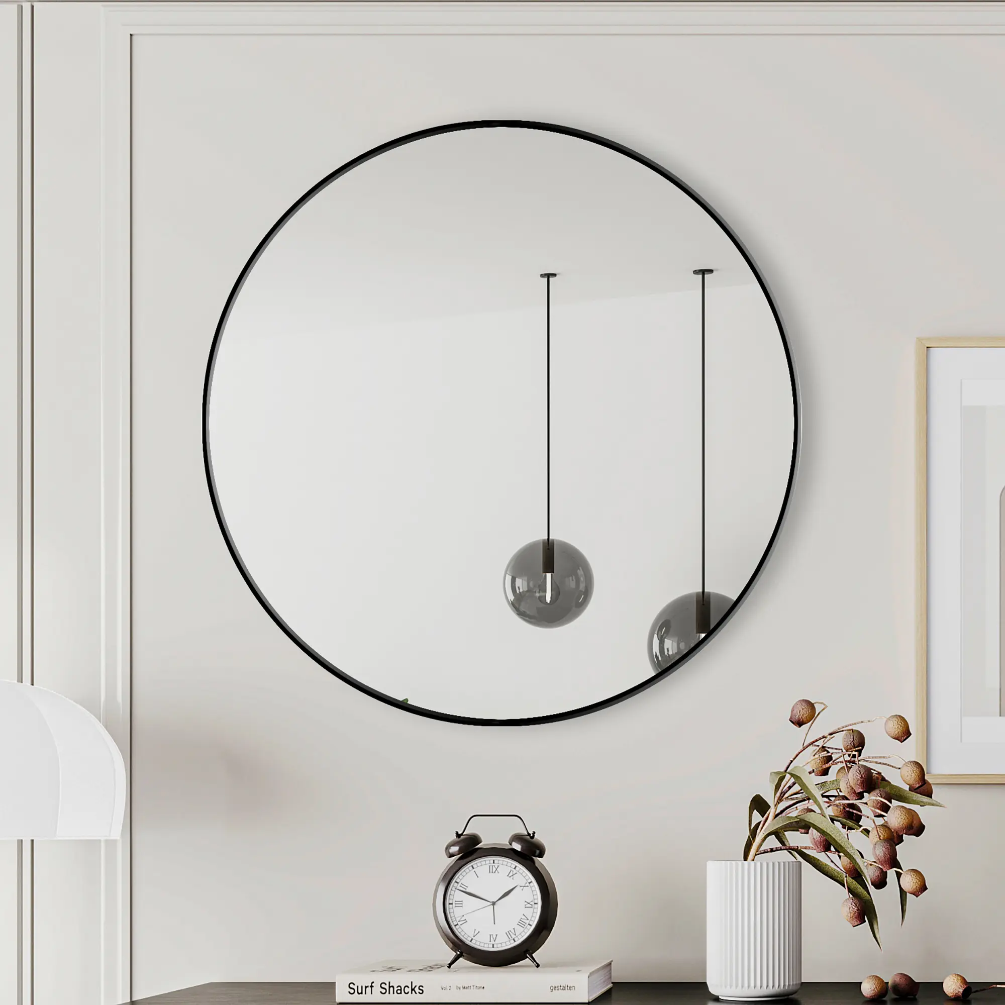 28-Inch Round Black Metal Wall Mirror for Bathroom, Living Room or Bedroom, Contemporary Circular Design with Glass Surface, Dust-Proof and Moisture-Resistant, Wall-Mounted