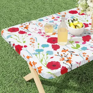 Rectangle Vinyl Tablecloth, Fitted Table Cover, 100% Waterproof, Elastic Edge, Flannel Backing, Plastic Table Cloth Fit 6 Foot Folding Tables for Picnic, Camping, Outdoor (Flowers, 30x72 inch)