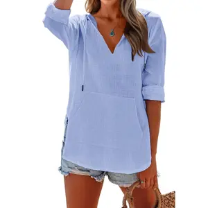 Lannew Women's Beach Cover Up hoodies sweatshirt Long Sleeve V Neck Pocketed Hooded Shirt Top