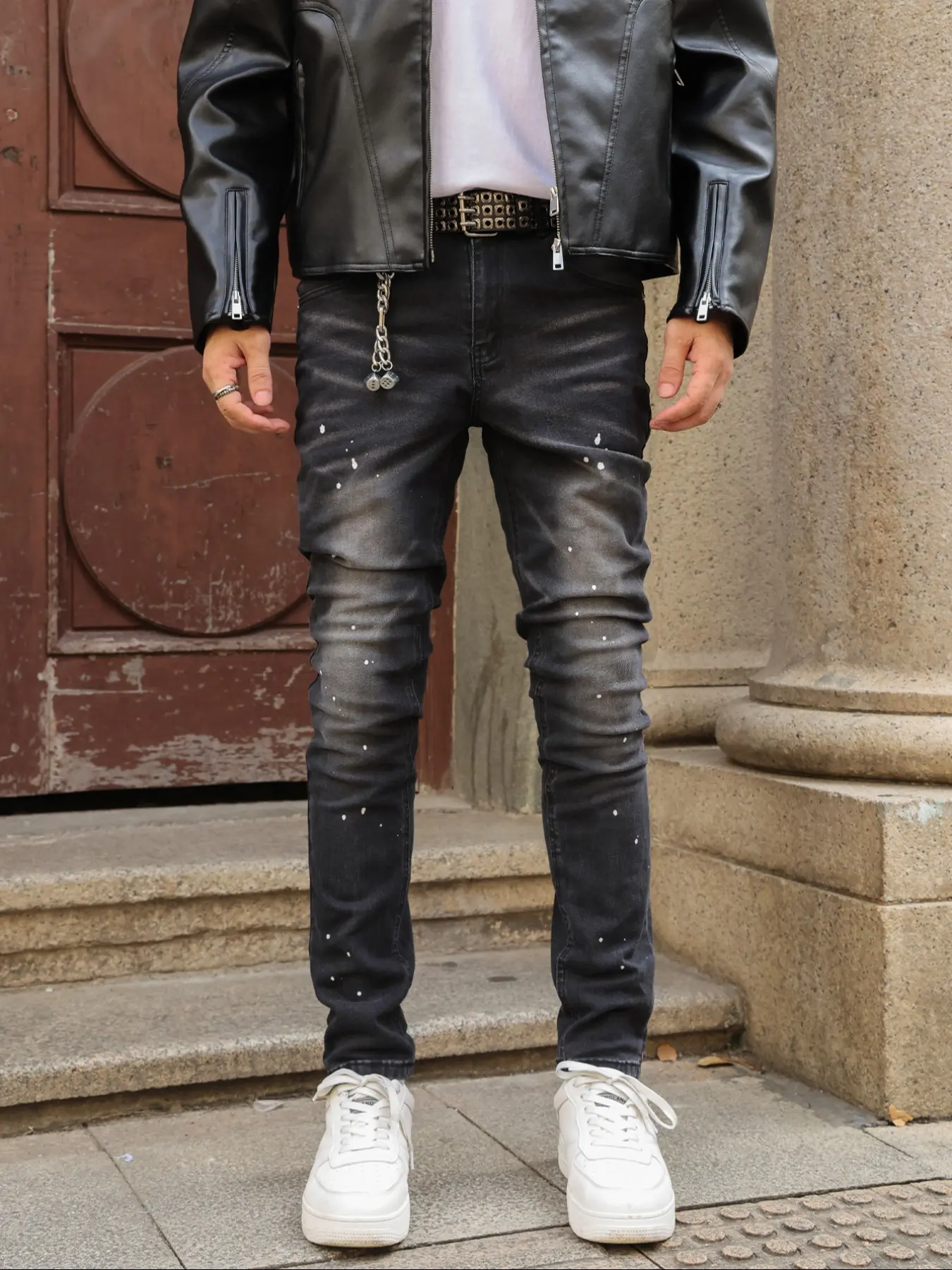 Men's Slim-fit Tapered Jeans with Black and Gray Washed Splatter Details - Urban Street Grunge Rock, Streetwear Style Denim Pants. Comfortable stretch fit, perfect for daily street wear. An essential men's pant for creating a stylish urban street look