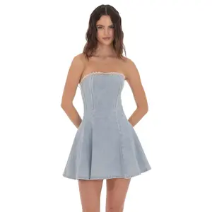 Lace Trim Corset Denim Dress in Light Blue