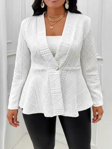 【plus size】 solid textured button front blazer, lady minimalist casual fitted jackets, long sleeve deep v neck outerwear for work office business, women's clothes for all seasons, womenswear
