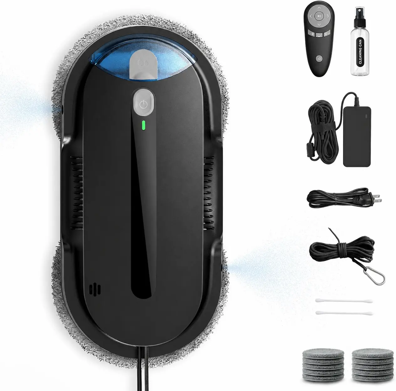 Corded Automatic Window Cleaning Robot, Compact 30x30cm, Dual Ultrasonic Spray, 85ml Visible Water Tank, Auto Movement, Remote Control, Safety Tether, Backup Power