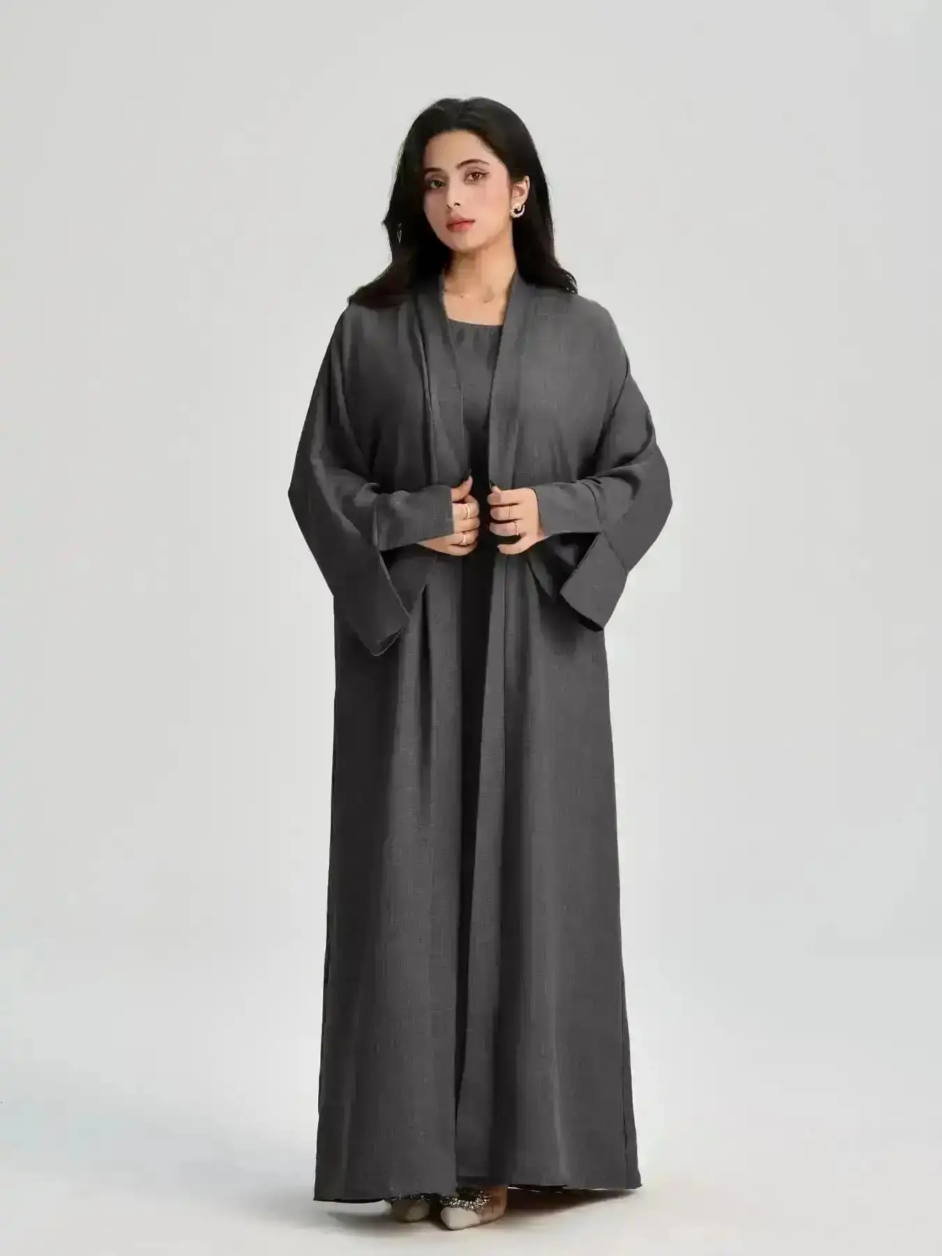 Minimalist 2026 Women's Solid Color Belted Abaya & Dress Two-piece Set, Casual Long Sleeve Open Front Outerwear & Ladies Islamic Clothing for All Seasons, Everyday, Aesthetic, Chic, , Event Outfit, Modern