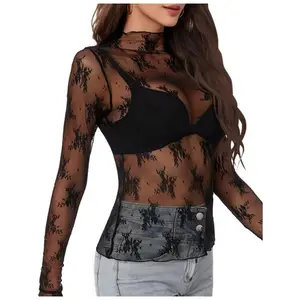 Women'S Sexy Sheer Long Sleeve Top - High Neck Floral Pattern Jumpsuit, Stretchy Polyester & Spandex Blend, Form-Fitting Fishnet Shirt for Casual or Evening Wear