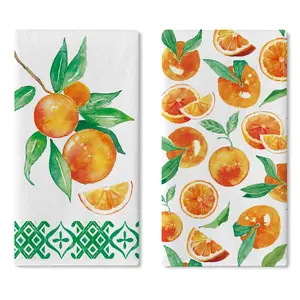 Watercolor Orange Kitchen Dish Towels Set of 2, Citrus Tangerines Fruit Pastoral Drying Hand Towel Baking Cooking Cloth, Spring Summer Farmhouse Geometric Bathroom Home Decoration 18'' x 26''