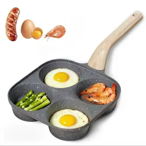 Non-stick 4-Hole Egg Frying Pan with Wooden Handle Granite-Style Breakfast Skillet for Eggs Omelets Toast Pancakes & Crepes Easy-Clean Multifunctional Kitchen Gadget Compact Gift Idea Cookware Aluminium