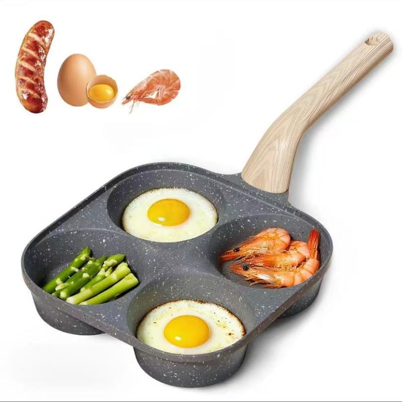 Non-stick 4-Hole Egg Frying Pan with Wooden Handle Granite-Style Breakfast Skillet for Eggs Omelets Toast Pancakes & Crepes Easy-Clean Multifunctional Kitchen Gadget Compact Gift Idea Cookware Aluminium