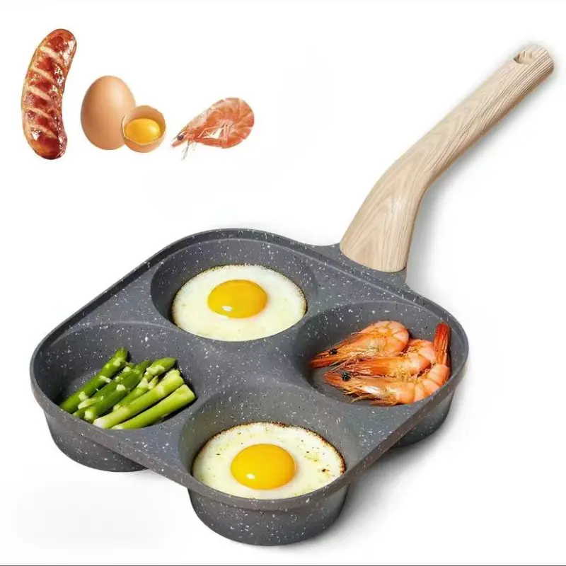 Non-stick 4-Hole Egg Frying Pan with Wooden Handle Granite-Style Breakfast Skillet for Eggs Omelets Toast Pancakes & Crepes Easy-Clean Multifunctional Kitchen Gadget Compact Gift Idea Cookware Aluminium