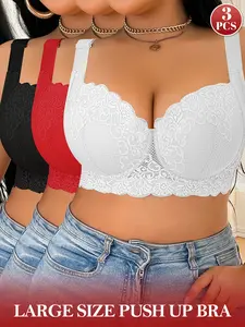 3PCS Plus Size Minimizer Bras for Women Full Coverage Padded Underwire Smoothing Wide Straps Slimming & Anti-Sagging Lace Sexy Elegant Bra Women's Comfort Push Up Support Lingerie for Everyday