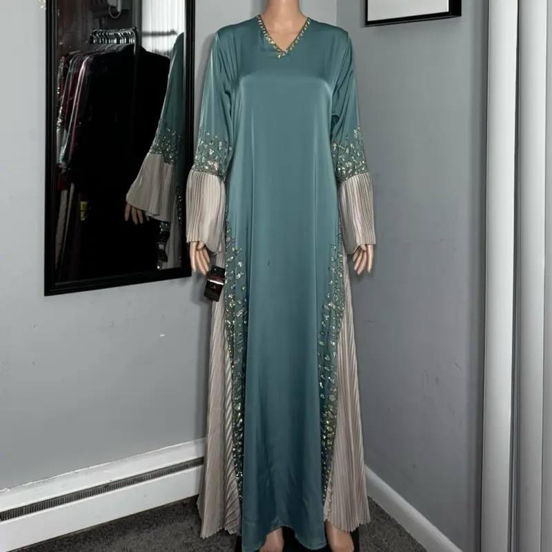Silk Abaya with Rhinestone Embellishments and Pleated Design