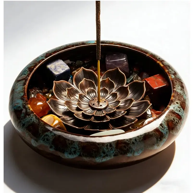 Crystal Lotus Design Incense Stick Holder Ceramic Incense Burner, Beautiful Home Desktop Decorative Fragrance Stand, Aroma Scented Floral, Suitable for Living Room Bedroom Office & Daily Relaxation Use