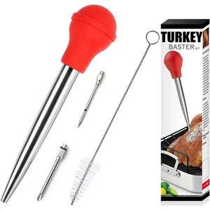 Food-grade stainless steel turkey baster with cleaning brush, 2 marinade injector needles, ideal for basting while cooking, butter dripping, and poultry juices during roasting (Red)