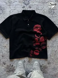 Unisex 100% Cotton Black & White Options Lip Print Oversized Short Sleeve Polo Shirt | Retro Sexy Casual Streetwear Top