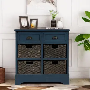 HAOYYE Rustic Storage Cabinet with Two Drawers and Four Classic Rattan Baskets for Dining Room, Entryway, or Living Room, Antique Navy, Sturdy Space-Saving Design, Heavy Duty Construction, Easy Assembly, Durable and Stylish Home Furniture