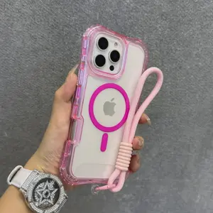 Luxury Neon Clear Magnetic for Magsafe Wrist Strap Lanyard Case for iPhone Air 17 16 15 Plus 14 13  Pro Max Shockproof Case