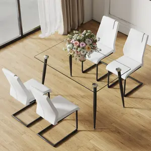 diningtable Table and chair set. 1 table and 4 chairs. Glass dining table, 0.31 "tempered glass tabletop and black metal legs. White black leg dining chair without armrests  F-1544  C-001