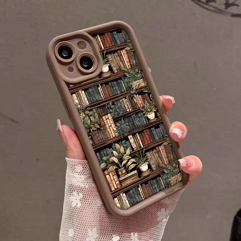 Vintage Bookshelf Pattern Silicone Phone Case, Protective Shockproof TPU Cover with Lens Protection for iPhone 17 Pro Max,16,16e,15,14 Plus,13,12 Mini,11,Air,X,XS - Durable Soft Casing, 2D Printed Valentine's Day Gift Accessory, Smartphone, Handheld