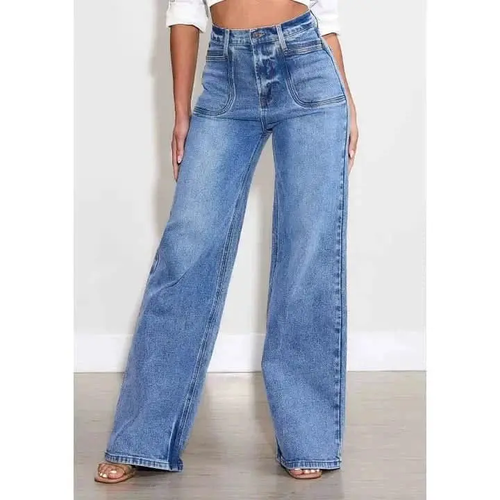 Women's Western Style Jeans, High-Rise Wide Leg Fit in Stretchy Cotton Spandex with Square Pockets, Bottoms, Everyday, Twist, Denim, Boutique Look, Pants