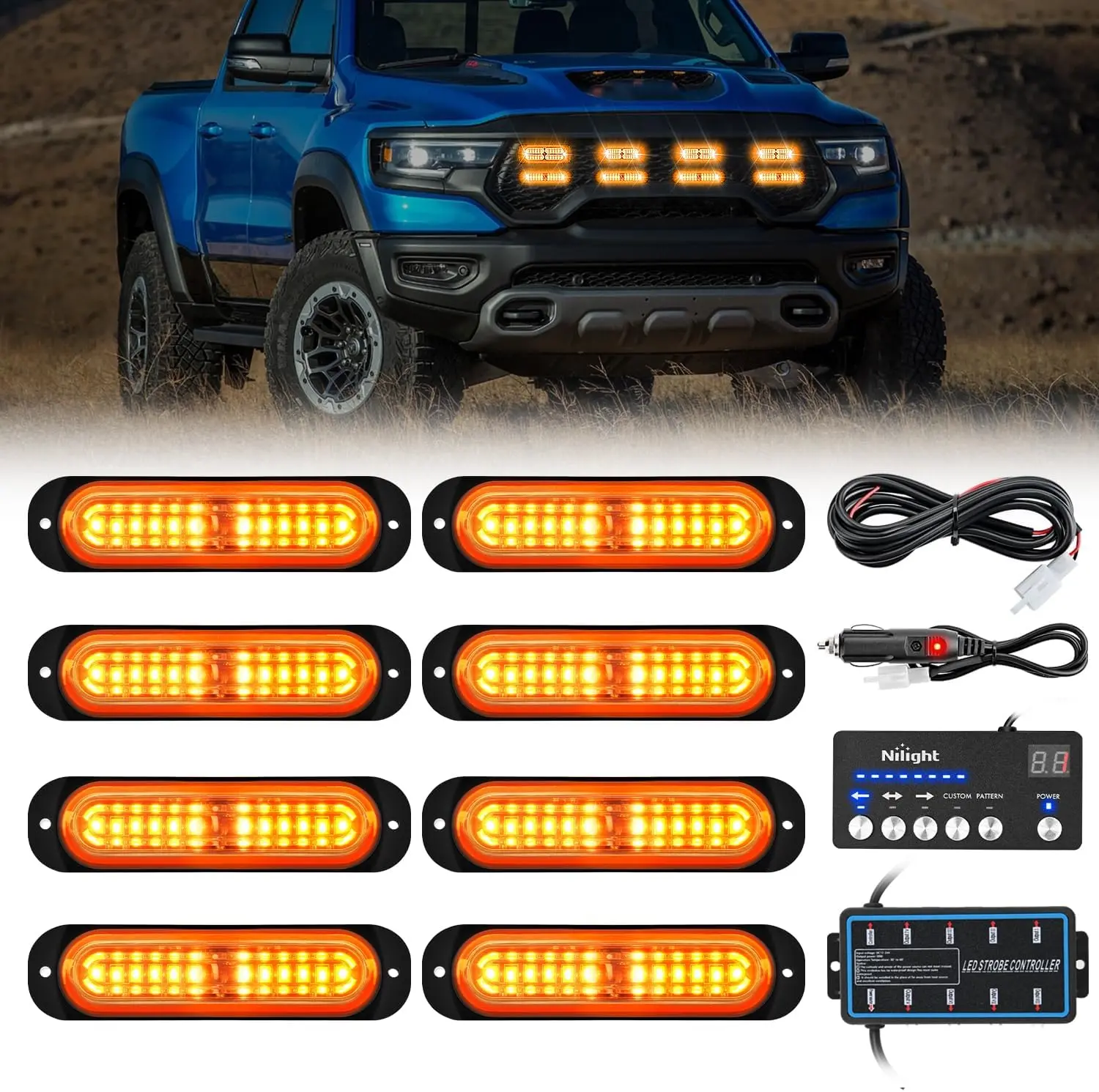 Nilight 8PCS 12-LED Aluminum Surface Mount Strobe Light Bar Module, 12V/24V Synced Offroad Lights with Controller for Vehicles, Trucks, Strobe Light Module, Led Offroad Lights