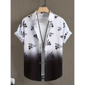 Mens Tropical Floral Print Short Sleeve Lapel Collar Shirt - Relaxed Fit, Asymmetrical Hem, Non-Stretch Polyester Fabric, Perfect for Summer Vacation, Casual Hawaiian Style, Button-Up Top Menswear Shortsleeve