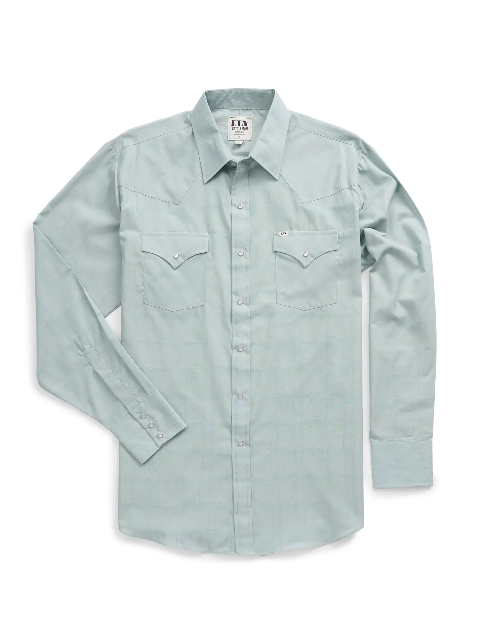 Men's Ely Cattleman Cowboy Shirt - Long Sleeve, Tonal Windowpane, Dusty Aqua, Relaxed Fit Menswear, Durable Fabric, Functional Pocket, Tops, Casual, Classic, Longsleeves, Snap Flaps, Warm Days