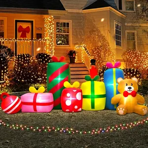 10FT Gaint Outdoor Christmas Inflatable Gift Boxes And Bear Decorations Built-in LED Lighted Blow Up Decorations For Christmas Party Holiday Xmas Gifts Outdoor Garden Lawn Yard Decorations