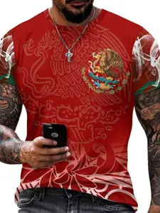 Mexican football jersey, 3D Eagle AztecMaya printed T-shirt, vibrant tribal design, breathable short sleeved round neck casual summer top, jersey, men's fashion item, Sports Jersey