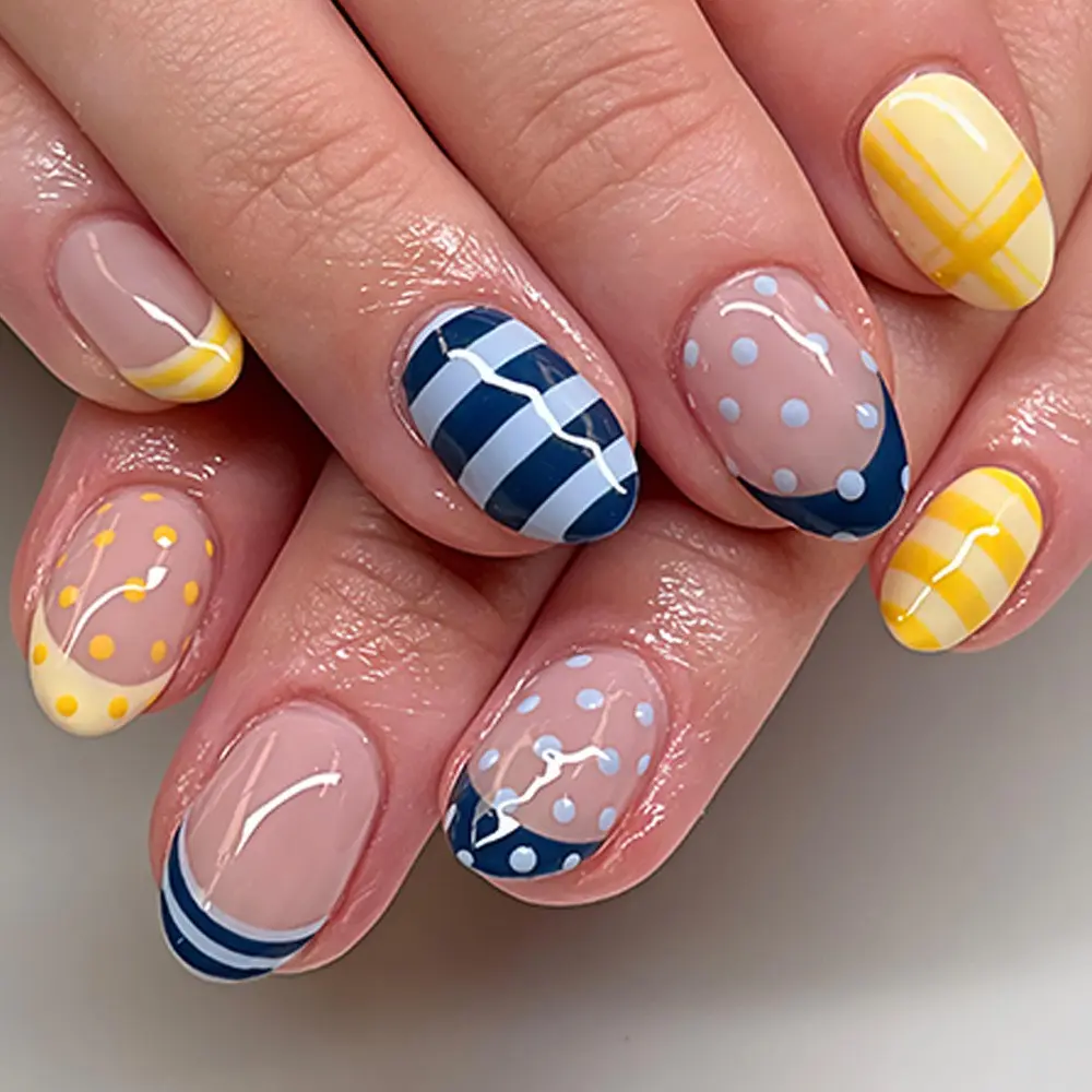 Blue Polka Dot Striped Press-On Nails, Short Ballerina Style, Textured Finish, 24 Pieces, DIY Nails Art, Nail Design, DIY Fake Nails, Decorative Nails for Women and Girls