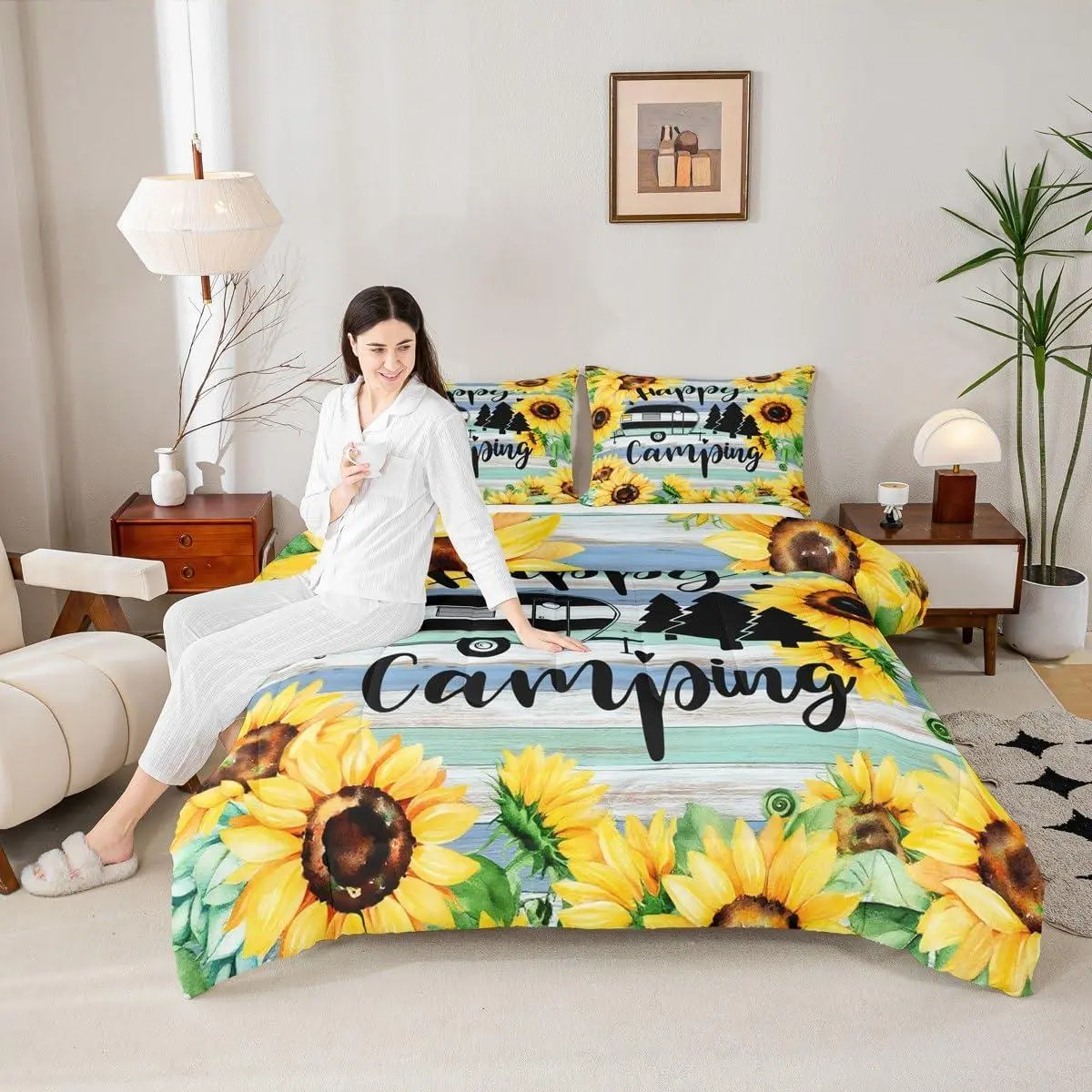 Boys Girls Camper Comforter Set,Rustic Sunflower Camping Black Sketch Bedding for Kids Adults RV Decor,Teal Old Wood Door Quilt Set,Farmhouse Trailer Duvet Insert,Comfy