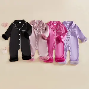 Infant Baby Girl Boy Silk Satin Pajamas Romper  Jumpsuit Long Sleeve Button Down Satin Silk Pjs Sleepwear