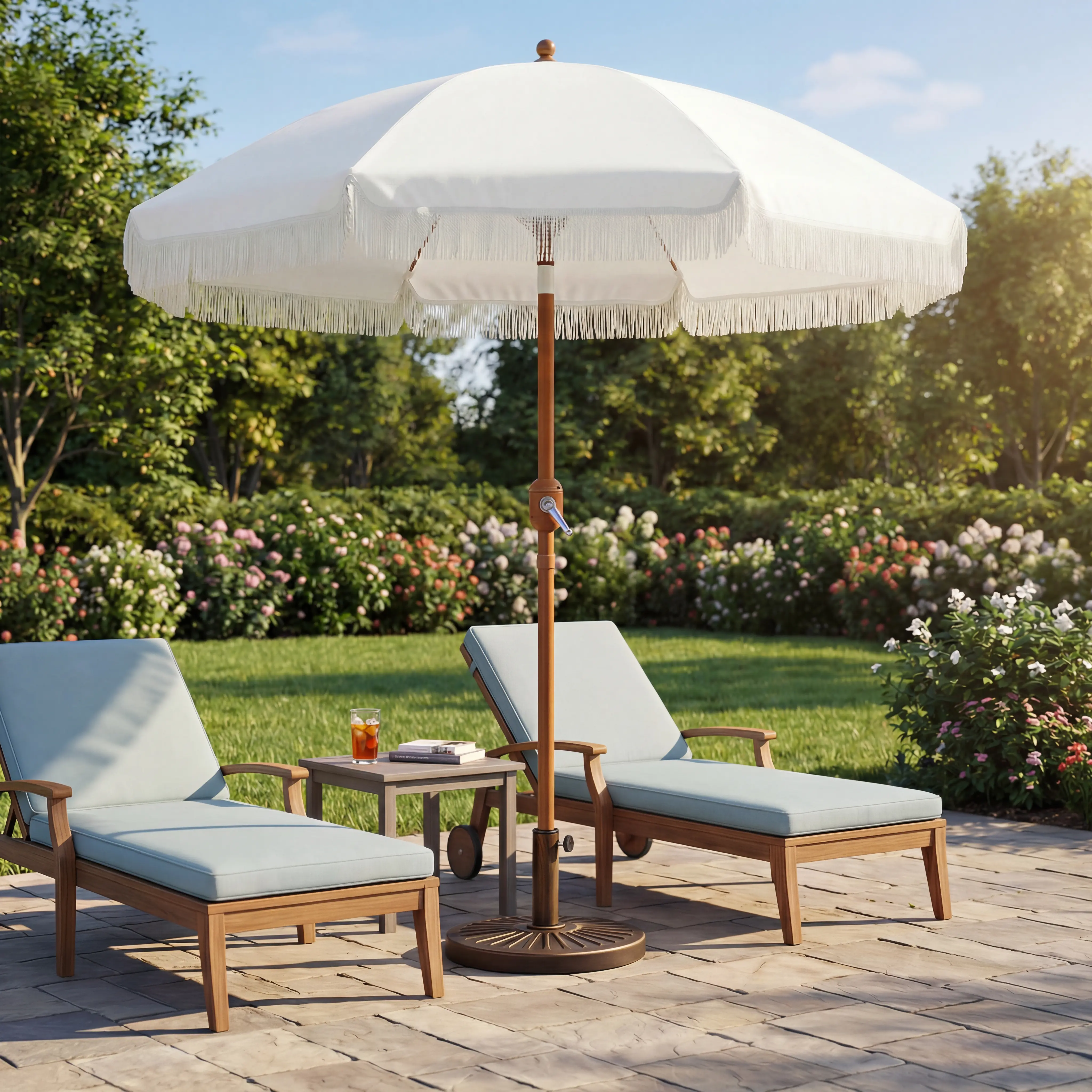 Costoffs Outdoor Patio Umbrellas - 7.5/9ft Adjustable Tilt Tasseled Canopy with Included Storage Bag for Deck, Balcony