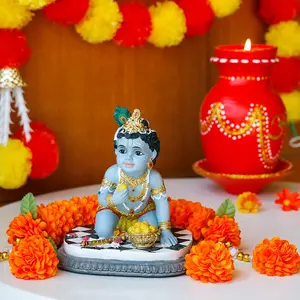 alikiki Baby Krishna Idol Statue - 5.9”H Hindu God Laddu Gopal Kneeling Enjoy Laddus India Murti Item Home Temple Mandir Shrine Altar Pooja Decor Diwali Puja Gifts for Indian Friends
