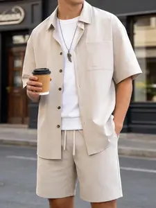 Men's Light Beige 2-Piece Loungewear Set - Short-Sleeve Lapel Button-Down Shirt with Chest Pocket + Elastic Drawstring Waist Shorts, Breathable Lightweight Fabric, Relaxed, Minimalist, Plain Style, At-Home Lounging, Casual Weekends, Summer Getaways