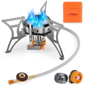 6800W Windproof Camping Stove, Camping Gas Stove with Piezo Ignition and Two Fuel Canister Adapter, Backpacking Stove, Portable Stove for Outdoor Backpacking Hiking and Picnic