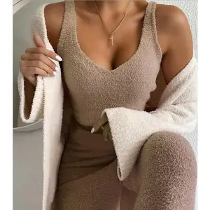 Velvet 3Pcs Women's Long Sleeve Crop Tank Top and Drawstring Shorts Pajama Set with Vest, Available in Various Colors, Soft Texture - Pants