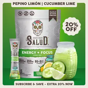 Salud 2-in-1 [Energy + Focus – Cucumber Lime] Clean Energy Drink Mix, Agua Fresca,  Organic Caffeine, B6 & B12, L-Theanine, Drink Packets, Non-GMO, Gluten Free, Vegan, Low Calorie, 1g Sugar (15 Servings)